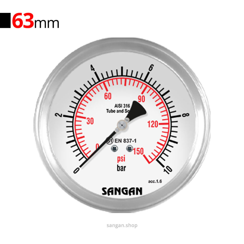 گیج فشار افقی 10bar سنگان مدل PG18/B براکت‌دار