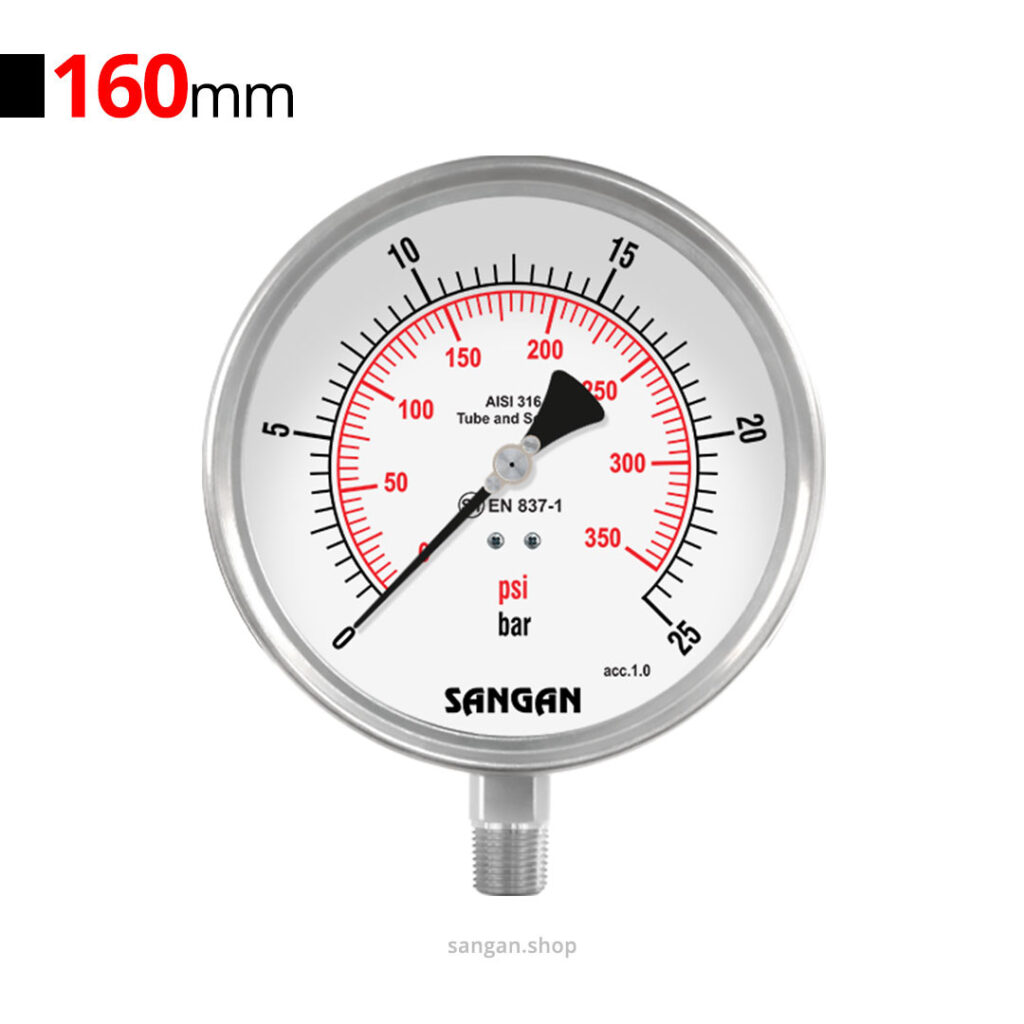 گیج فشار افقی 25bar سنگان مدل PG18/G (نصب روی لوله 2 اینچ)