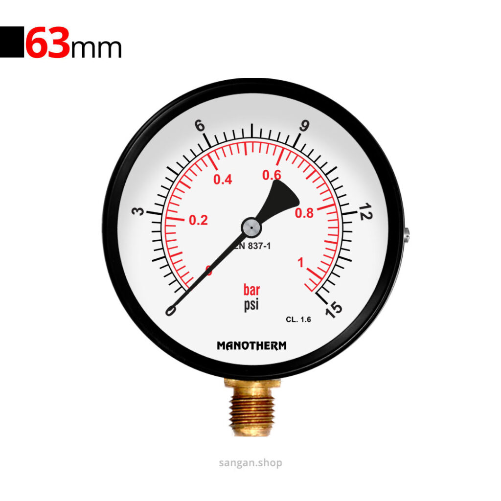 گیج فشار برنجی عمودی 300psi مانوترم