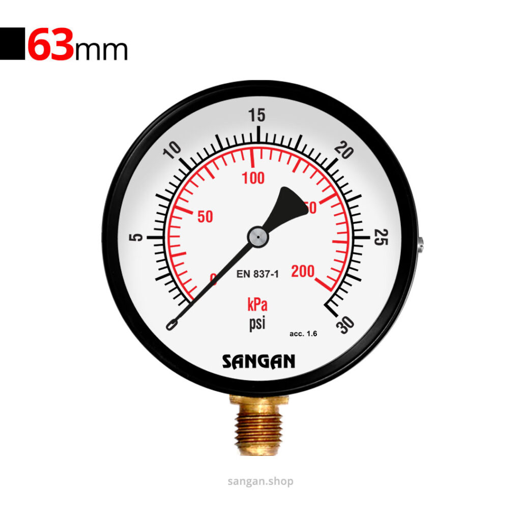 گیج فشار برنجی عمودی 30psi مدل PG1/A سنگان